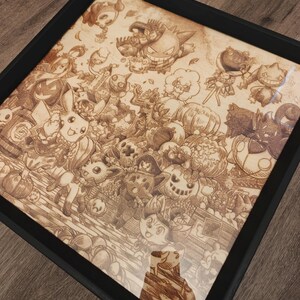 May include: A detailed wood-burned artwork featuring various cartoon characters, set within a black frame. The artwork showcases a variety of characters in a detailed, sepia-toned style, creating a unique and artistic piece.