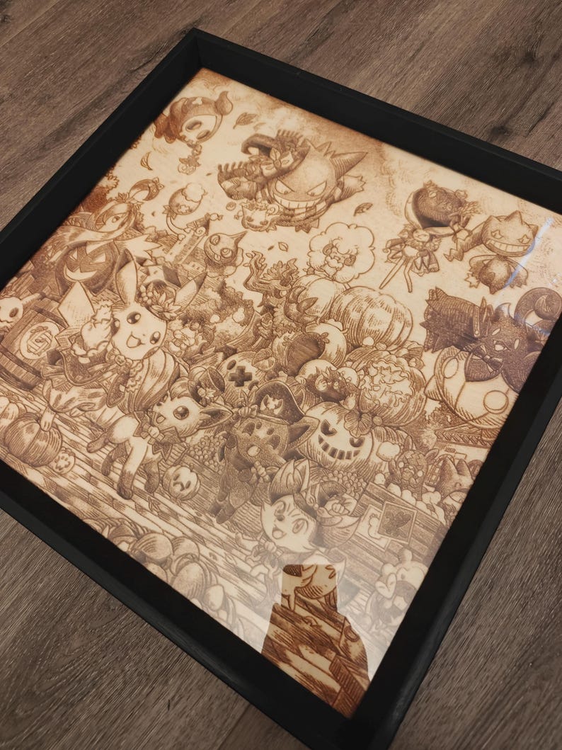 May include: A detailed wood-burned artwork featuring various cartoon characters, set within a black frame. The artwork showcases a variety of characters in a detailed, sepia-toned style, creating a unique and artistic piece.