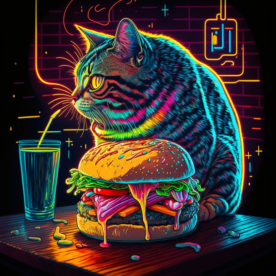 Kitty's Gourmet Break: A Digital Art Piece of a Cat Eating a Burger ...