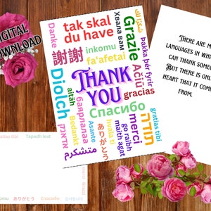 Tarjeta de agradecimiento, muchos idiomas para decir gracias, tarjeta de agradecimiento, agradecimiento de todo corazón, tarjeta agradecida, descarga digital inmediata, digital