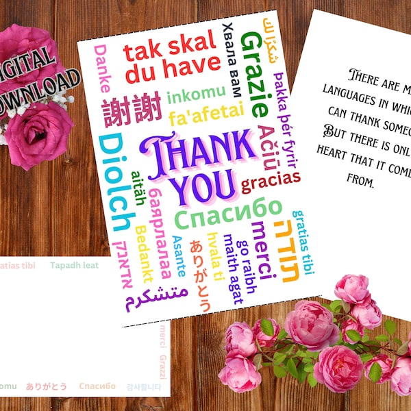 Thank You Card, Many Languages to Say Thank You, Appreciate You Card, Heartfelt Thanks, Grateful Card, Immediate Digital Download, Digital