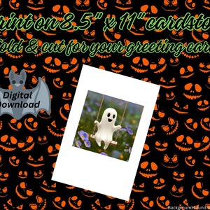 Könnte beinhalten: Druckbarer digitaler Download einer Grußkarte mit einem Geist auf einer Schaukel. Die Karte ist für den Druck auf 21,6 x 27,9 cm Karton konzipiert, zum Falten und Zuschneiden, um eine fertige Grußkarte zu erstellen.