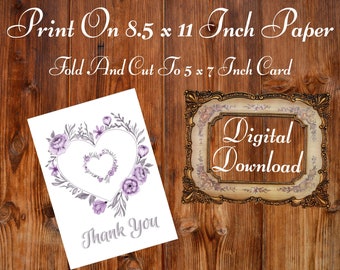 Thank You Card, Purple Floral Heart, Instant Download, 5x7 Printable Card, Inside Verse, Touching, Caring, Loved, Appreciative