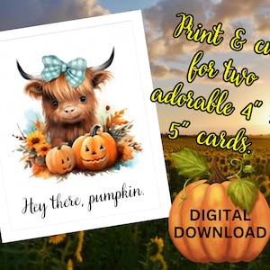 Fall Greeting Card with Adorable Baby Highland Cow & Pumpkins, You&#39;re My Favorite Pumpkin in the Patch Card, Printable, Autumn Message