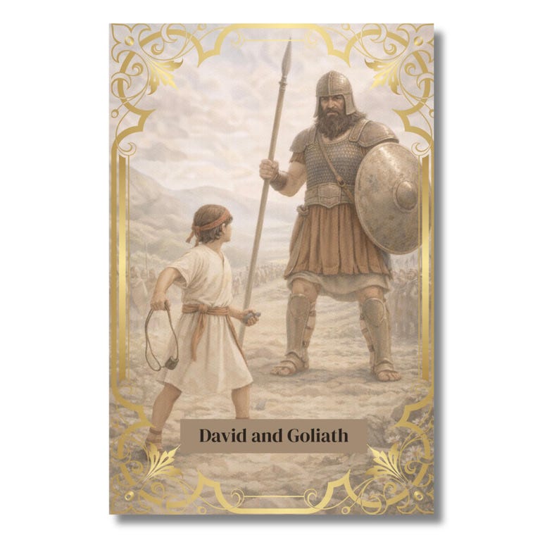 Op de afbeelding: Ge&iuml;llustreerde afbeelding van het bijbelse verhaal van David en Goliath. David, in witte gewaden, staat tegenover een grote krijger in harnas. De afbeelding heeft een gouden decoratieve rand en de tekst "David en Goliath".
