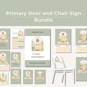 May include: A bundle of door and chair signs with a religious theme. The signs feature illustrations of a person in white robes with a flock of sheep. The text "The Old Testament" and "Primary 2026" are visible.