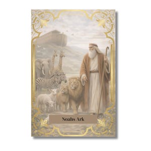 Op de afbeelding: Ge&iuml;llustreerd kunstwerk dat de Ark van Noach afbeeldt. De afbeelding toont een man met een lange witte baard, dieren en de ark op de achtergrond. Het kunstwerk is omlijst met een gouden rand en de tekst "Noahs Ark" staat onderaan.