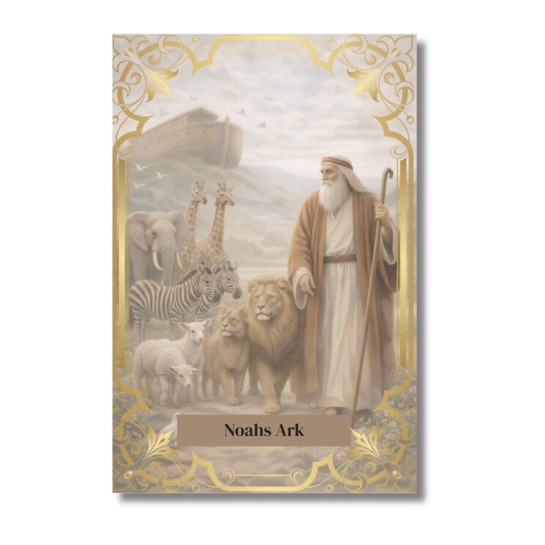Op de afbeelding: Ge&iuml;llustreerd kunstwerk dat de Ark van Noach afbeeldt. De afbeelding toont een man met een lange witte baard, dieren en de ark op de achtergrond. Het kunstwerk is omlijst met een gouden rand en de tekst "Noahs Ark" staat onderaan.