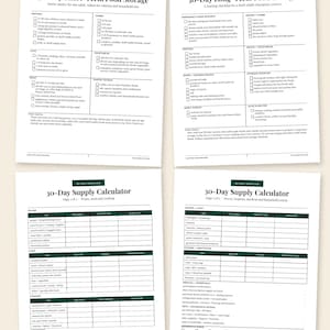May include: Four white printable sheets featuring black text and dark green headers. The documents include a 30-Day Short-Term Food Storage guide, a 30-Day Long-Term Food Storage checklist, and two pages of a 30-Day Supply Calculator for emergency planning.