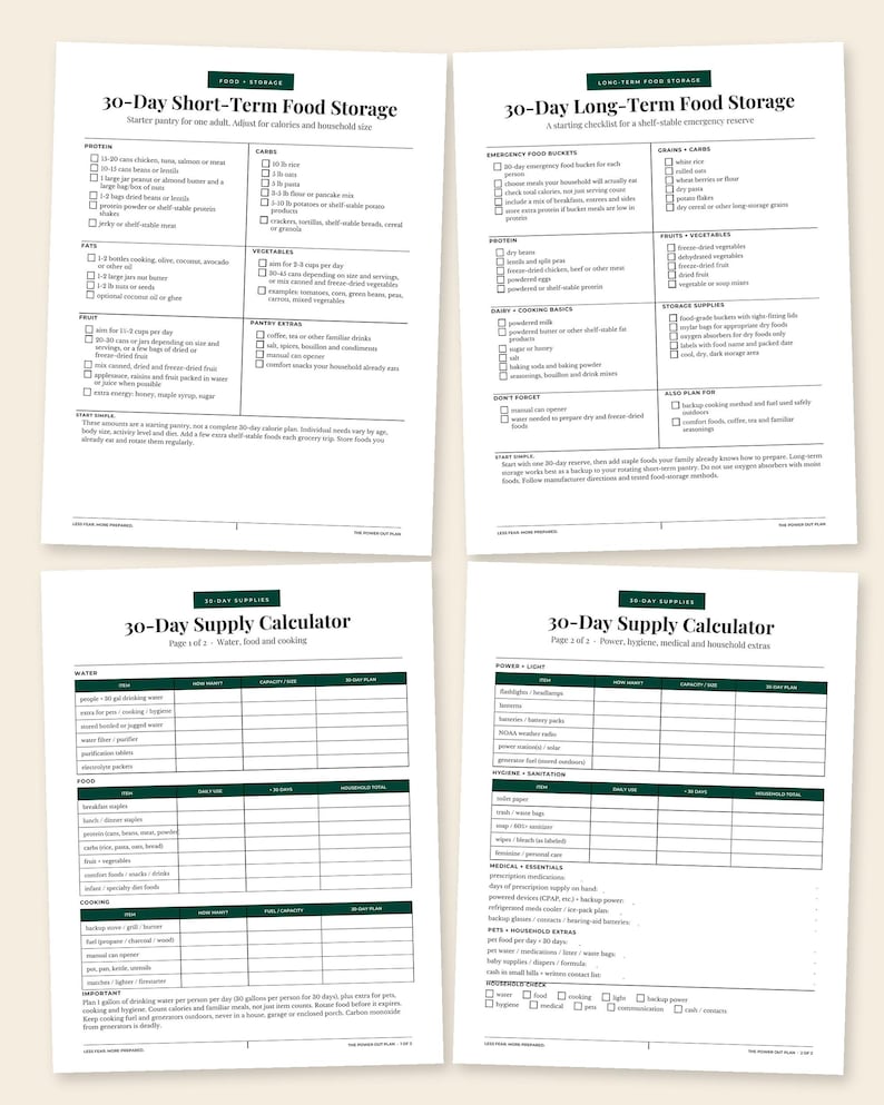 May include: Four white printable sheets featuring black text and dark green headers. The documents include a 30-Day Short-Term Food Storage guide, a 30-Day Long-Term Food Storage checklist, and two pages of a 30-Day Supply Calculator for emergency planning.