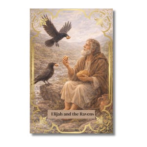 Op de afbeelding: Een rechthoekige prent met een bijbelse sc&egrave;ne met een man en raven. De man, met een lange witte baard, zit en houdt brood vast. Een raaf zit op een rots, de andere in de vlucht, elk met brood. De tekst "Elijah and the Ravens" staat onderaan.