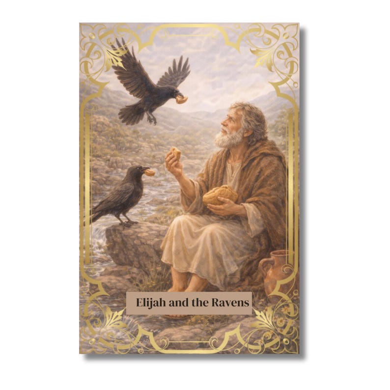 Op de afbeelding: Een rechthoekige prent met een bijbelse sc&egrave;ne met een man en raven. De man, met een lange witte baard, zit en houdt brood vast. Een raaf zit op een rots, de andere in de vlucht, elk met brood. De tekst "Elijah and the Ravens" staat onderaan.