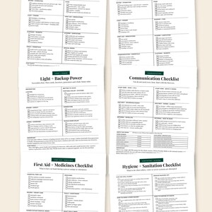 May include: A collection of six white paper checklists with black text and green headers, including a 72-Hour Kit Checklist, 30-Day No-Power Checklist, Light and Backup Power, Communication Checklist, First Aid and Medicines, and Hygiene and Sanitation.