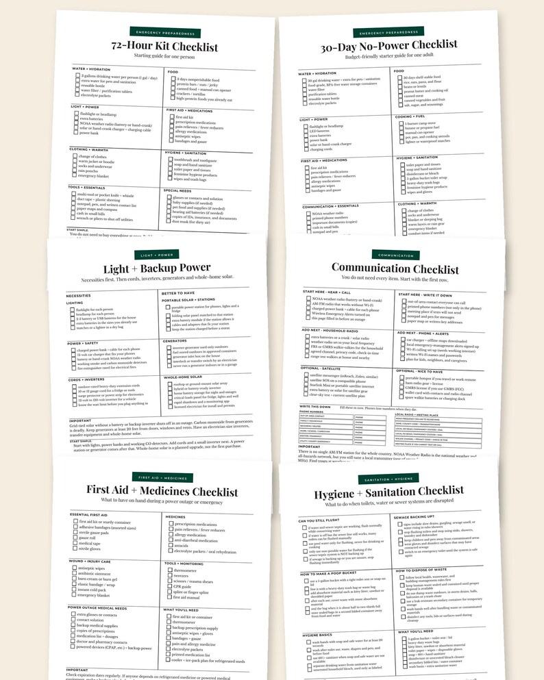 May include: A collection of six white paper checklists with black text and green headers, including a 72-Hour Kit Checklist, 30-Day No-Power Checklist, Light and Backup Power, Communication Checklist, First Aid and Medicines, and Hygiene and Sanitation.