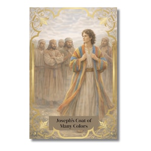 Op de afbeelding: Een illustratie toont een persoon in een lange, kleurrijke jas, met een groep mannen op de achtergrond. De jas heeft strepen in blauw, geel en oranje. De tekst "Joseph's Coat of Many Colors" staat onderaan.