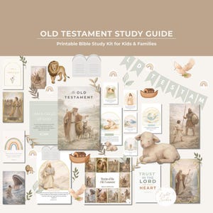 以下が含まれることがあります： 子供と家族向けのイラスト付き聖書学習教材のコレクション。キットには、「The Old Testament」というタイトルの本、フラッシュカード、ライオン、子羊、鳩の画像が描かれた装飾要素が含まれています。テキストには「Old Testament Study Guide」が含まれています。