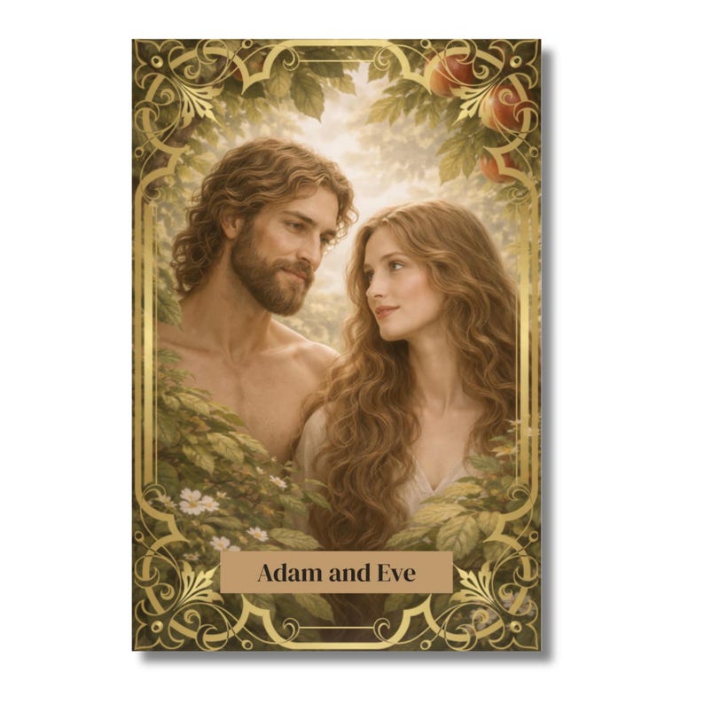Op de afbeelding: Een ingelijste prent met een afbeelding van Adam en Eva. Het kunstwerk toont een man en een vrouw met lang haar, omringd door bladeren en appels. De woorden "Adam and Eve" staan onderaan afgedrukt.