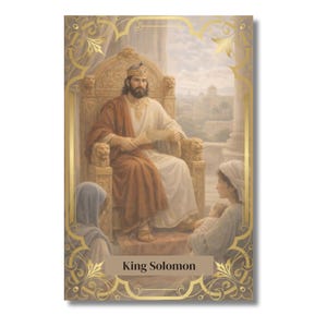 Op de afbeelding: Ge&iuml;llustreerde kaart met koning Salomo op een troon, met een kroon en een rol. De afbeelding heeft een gouden rand met sierlijke ontwerpen en de tekst "King Solomon" onderaan.