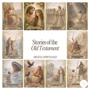 Op de afbeelding: Een verzameling ge&iuml;llustreerde kaarten met sc&egrave;nes uit het Oude Testament, waaronder Koning Salomo, Adam en Eva en de Ark van Noach. De kaarten hebben gouden randen en de tekst "Stories of the Old Testament" en "Digital Download".
