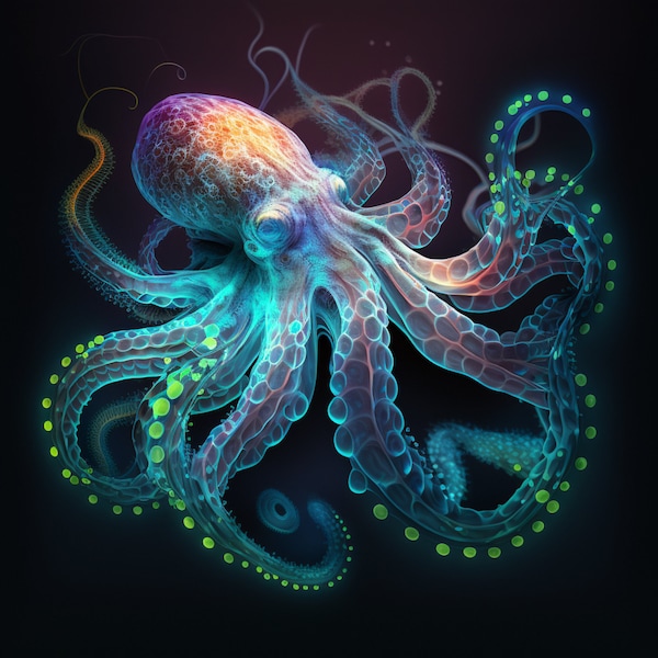 Glowing Octopus Digital Art / Abstract Wall Art / Octopus Digital Art / Digital Download / 3 Variations / PNG JPG SVG Files Included