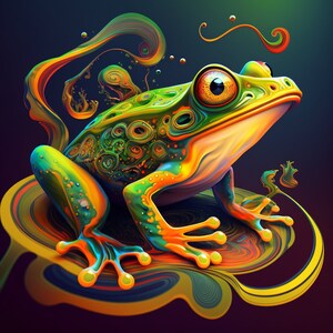 May include: A vibrant green and orange frog with swirling patterns sits on a colorful, abstract background. The frog's eyes are large and black with yellow pupils. The background is a mix of yellow, orange, red, and blue.