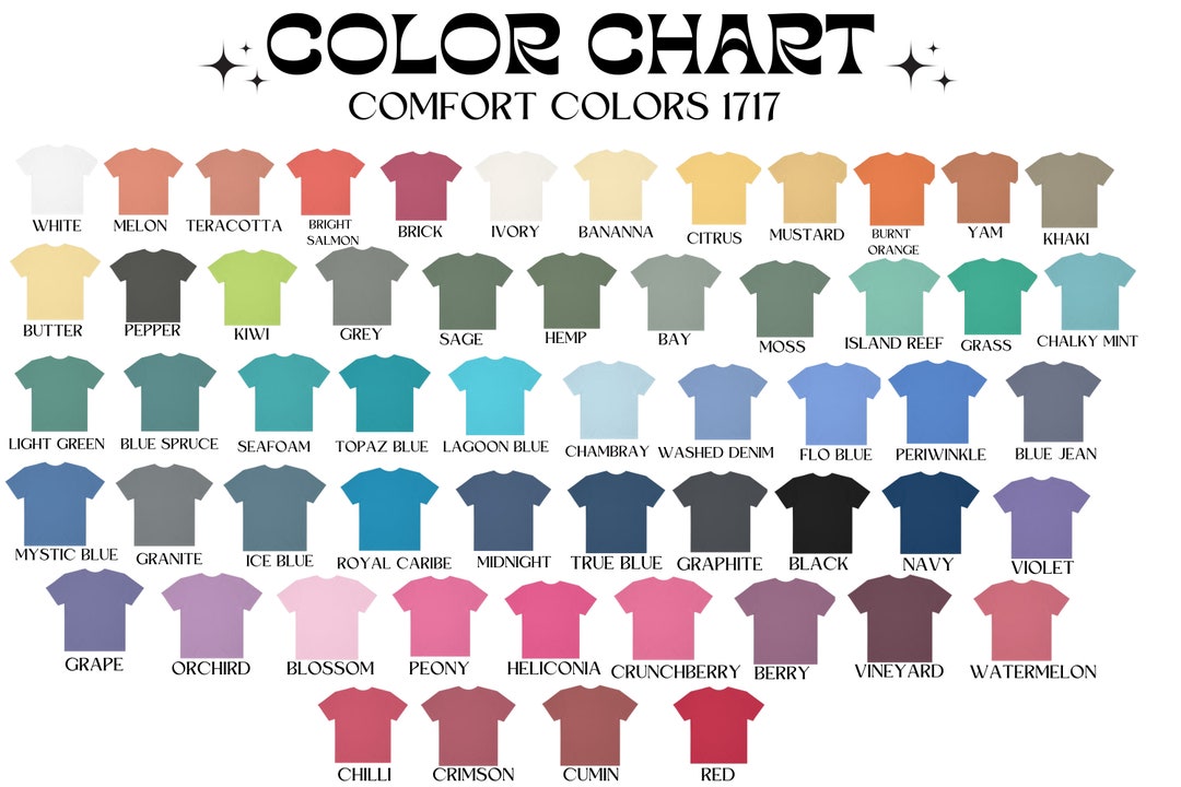 Comfort Colors 1717 Color Chart Comfort Colors Size Chart - Etsy
