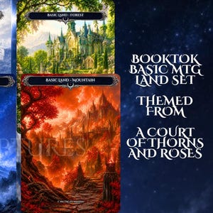 May include: A set of six Magic: The Gathering basic land cards featuring illustrations of an island, wastes, forest, plains, swamp, and mountain. The text on the right reads: BOOKTOK BASIC MTG LAND SET THEMED FROM A COURT OF THORNS AND ROSES.