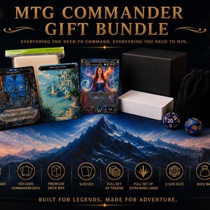 May include: MTG Commander Gift Bundle featuring a custom themed playmat, 100 card commander deck, premium deck box, card sleeves, full set of tokens, full set of extra basic lands, two 20-sided dice, and a black dice bag. Text reads MTG COMMANDER GIFT BUNDLE.