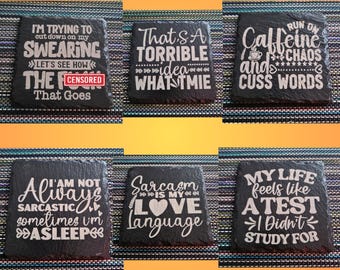 Sarcastic Saying Slate Coasters: Laser Engraved Bar Gift Set