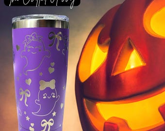 Laser Engraved Ghost Tumbler 20oz Gift, Purple ghost Heart Bow Cup,