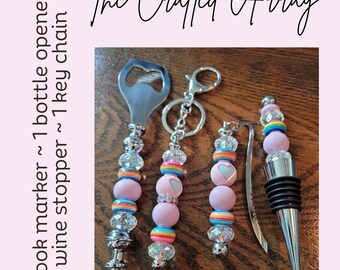 Rainbow Beaded Wine Lover's Gift Set: Bottle Opener, Stopper, Keychain & Bookmark