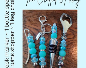 Blue Beaded Barware Gift Set: Wine Stopper, Opener & Bookmark