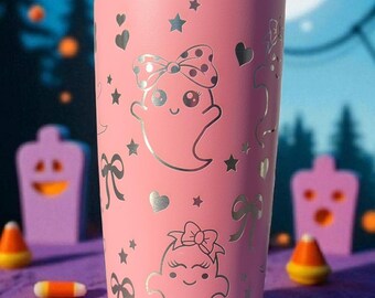 Pink Ghost Tumbler, Laser Engraved 20oz, Halloween Spooky Cup