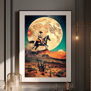 Space cowboy art print Cosmic Sci-Fi Art Cosmic Trails Vintage Collage and Retro Futurism Art Surreal Space and Time Adventure Cowboy Poster