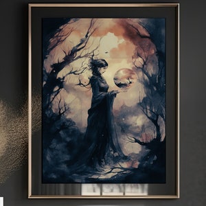 Witch art digital download witch art prints witchy wall art pagan art witch printable moody artwork gothic art witch in forest magic moon