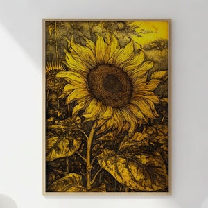Vintage Sunflower Print Flower Illustration Botanical Prints Retro Flower Drawing Bedroom Decor Nursery Wall Art Sunflower Art