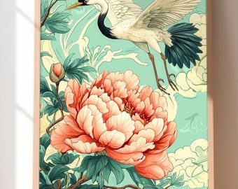 Crane and Peony Art Print - Japanese-inspired Botanical Wall