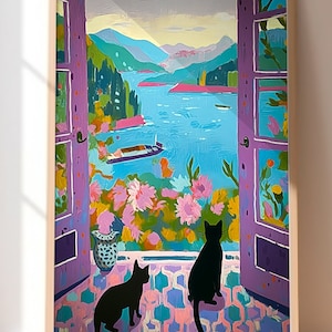 Vintage Wall Art Matisse Wall Art Open Window Colorful Wall Art Flower Wall Art Eclectic Art Cats in Window Print Vibrant Nature Wall Art