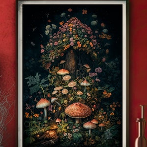 Cartel de setas brujería pared arte casa de campo interior oscuro pintura de mal humor cabaña núcleo impresión goblincore decoración cottagecore decoración fairycore
