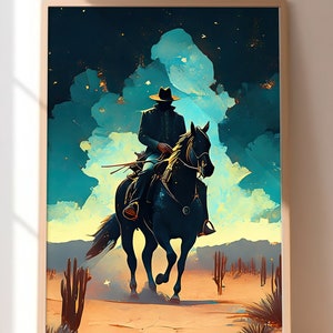 Vintage Western Art Cowboy Wall Art Horse Oil Painting Minimalist Western Decor with Cowgirl Wall Art and Cowboy Painting Art Print