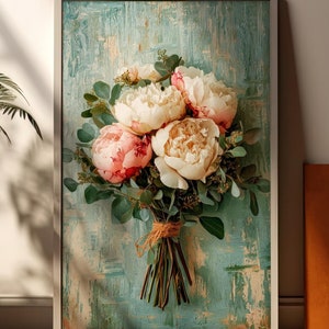 Peony Bouquet Digital Print - Rustic Floral Wall Art for Farmhouse Decor - Cottagecore Peony Painting for Vintage-Inspired Home Decor