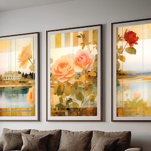 Enchanting Cottage Core Decor Set of 3 Farmhouse Rose Garden Wall Art Printable Vintage Painting Country Landscape Digital Print Painting