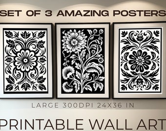Floral Whimsy Dark Floral Nursery Decoración Digital Wall Art Neutral Gallery Wall Print Tatuaje en blanco y negro Descarga instantánea