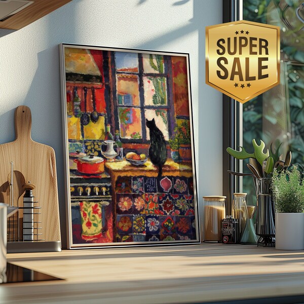 Cat in a Colorful Kitchen - Digital Print of Matisse inspired Painting - Home Decor Art