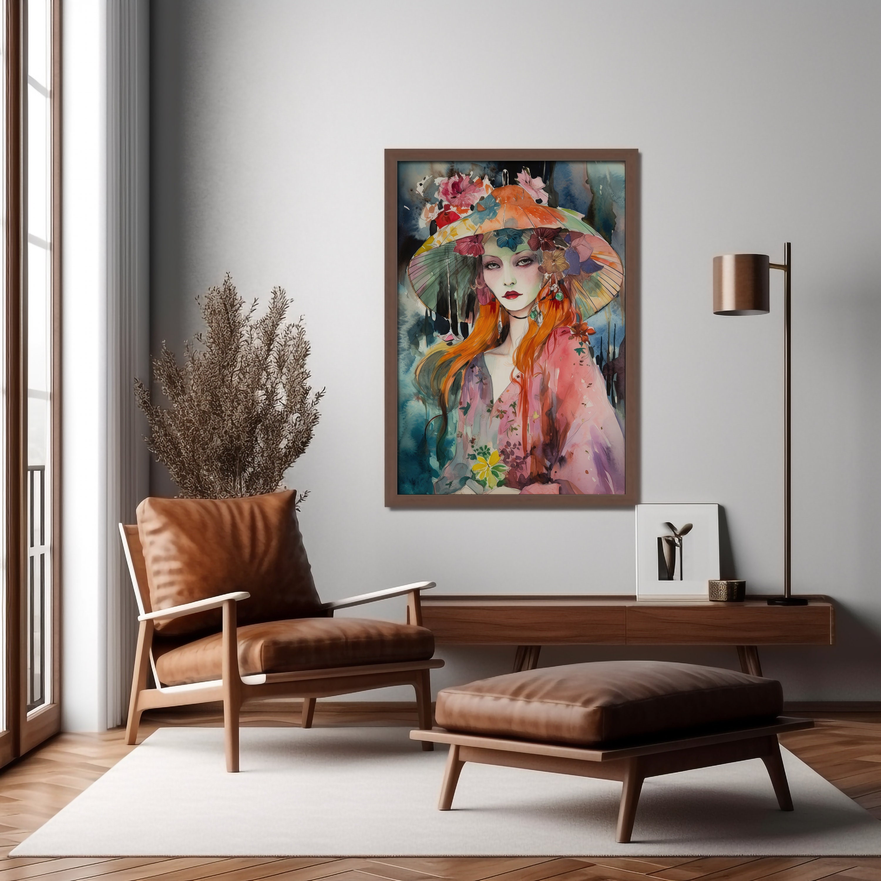 Vintage Aesthetic Watercolor Wall Art Trendy Boho Chic Woman With ...