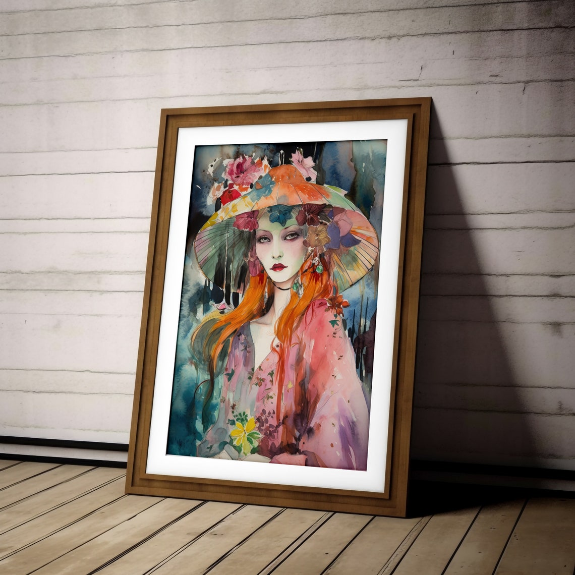 Vintage Aesthetic Watercolor Wall Art Trendy Boho Chic Woman With ...