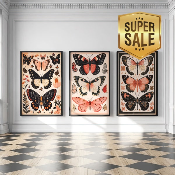 Boho Butterfly art set of 3 Floral Butterfly Art Boho Butterfly Print Large Butterfly Art Old Butterfly Print Butterfly Art Nursery