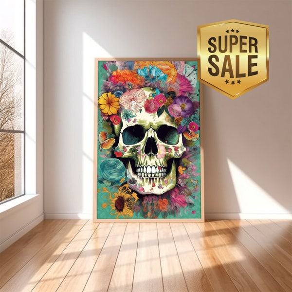 Skull art digital print bloom skull boho skull art print skull poster digital skull printable wall art boho skull wall art