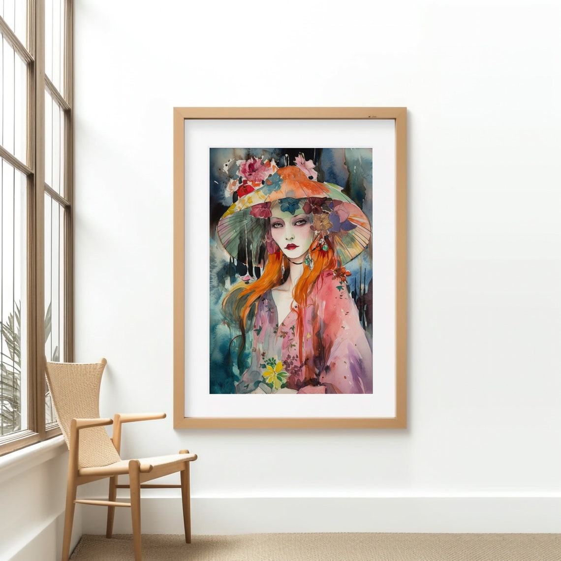 Vintage Aesthetic Watercolor Wall Art Trendy Boho Chic Woman With ...