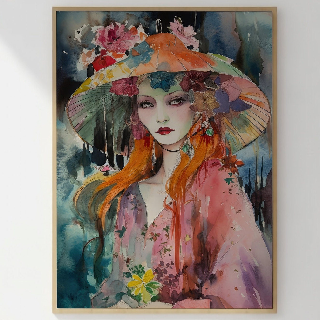 Vintage Aesthetic Watercolor Wall Art Trendy Boho Chic Woman With ...